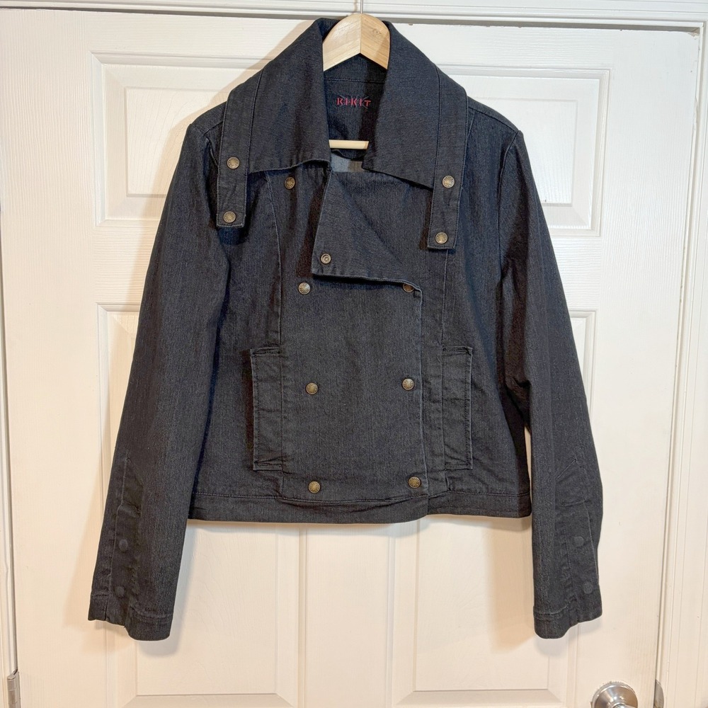 KIKIT Womens L Boho Grunge Cropped Denim Moto Jacket Asymetric Snap Front Boxy
